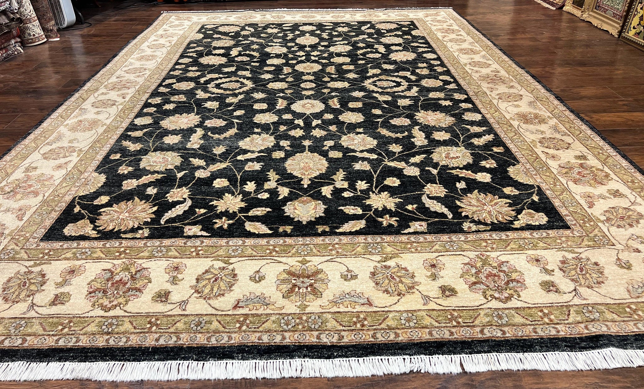 Indo Persian Rug 10x14, Charcoal and Beige, Floral Allover, Handmade Vintage Wool Carpet by Jewel Rugs