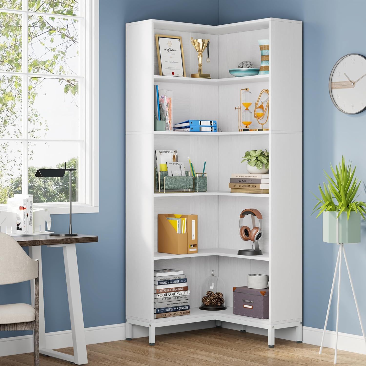 L-Shaped Bookcase, 5 Tier Freestanding Corner Bookshelf by HouseOfZazla