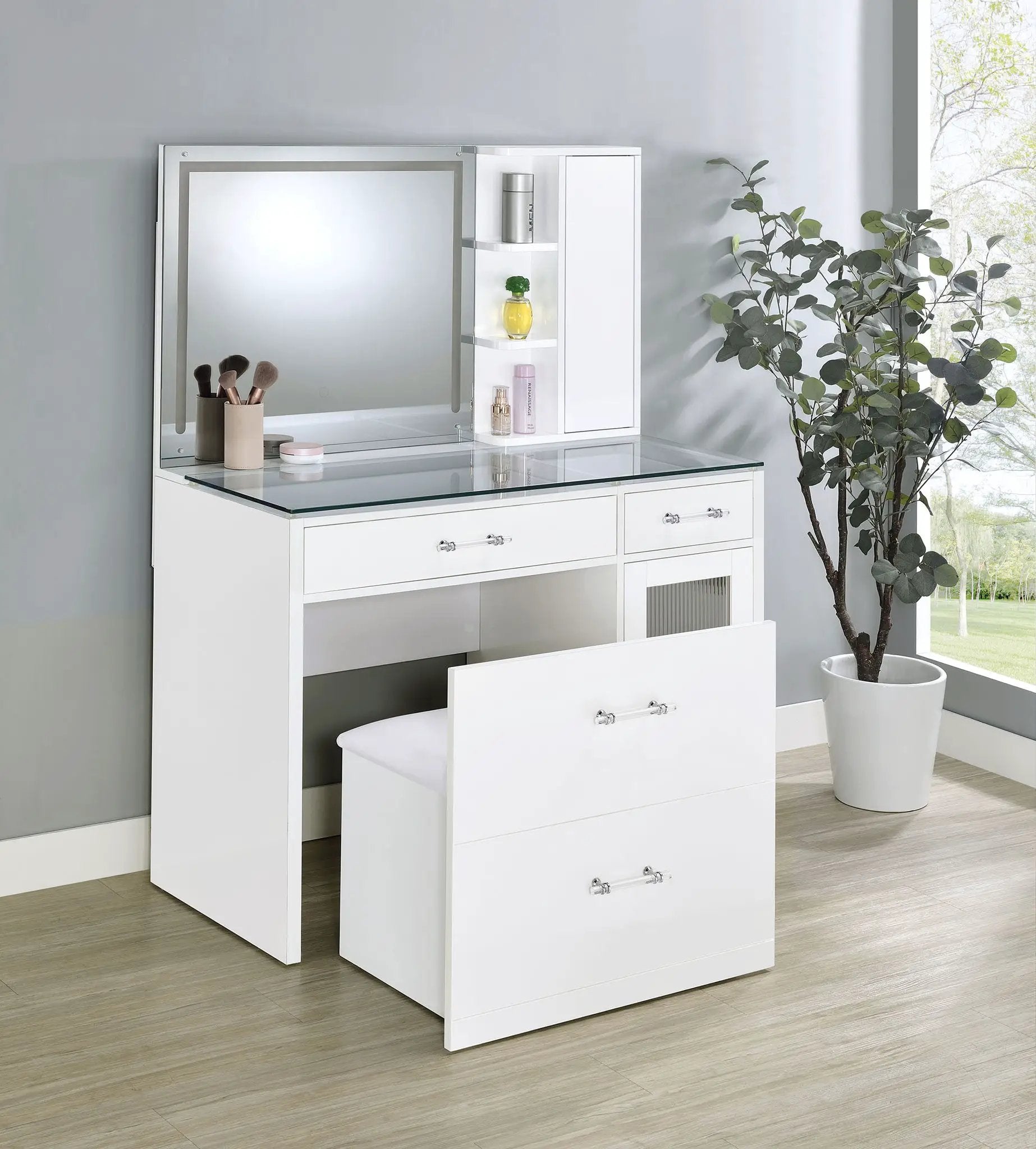 Flora 2-drawer Vanity Set with LED Mirror White High Gloss by Unique Piece Furniture
