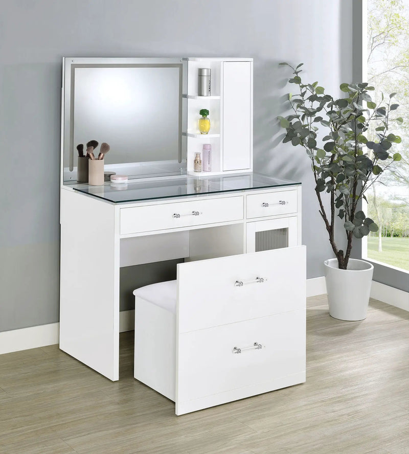 Flora 2-drawer Vanity Set with LED Mirror White High Gloss by Unique Piece Furniture