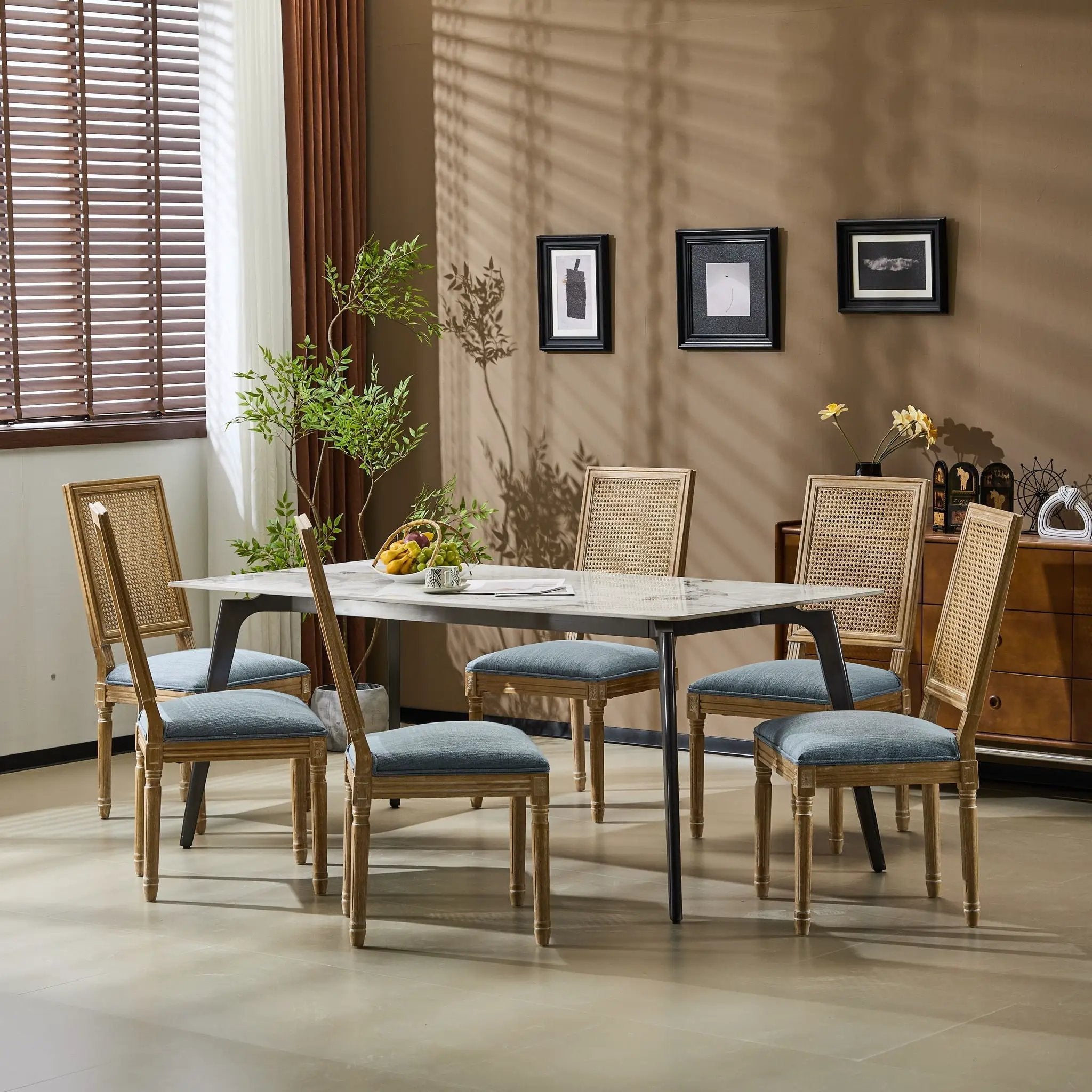 French Country Dining Chair With Rectangular Cane Backrest And Smooth Upholstered Seating by HouseOfZazla