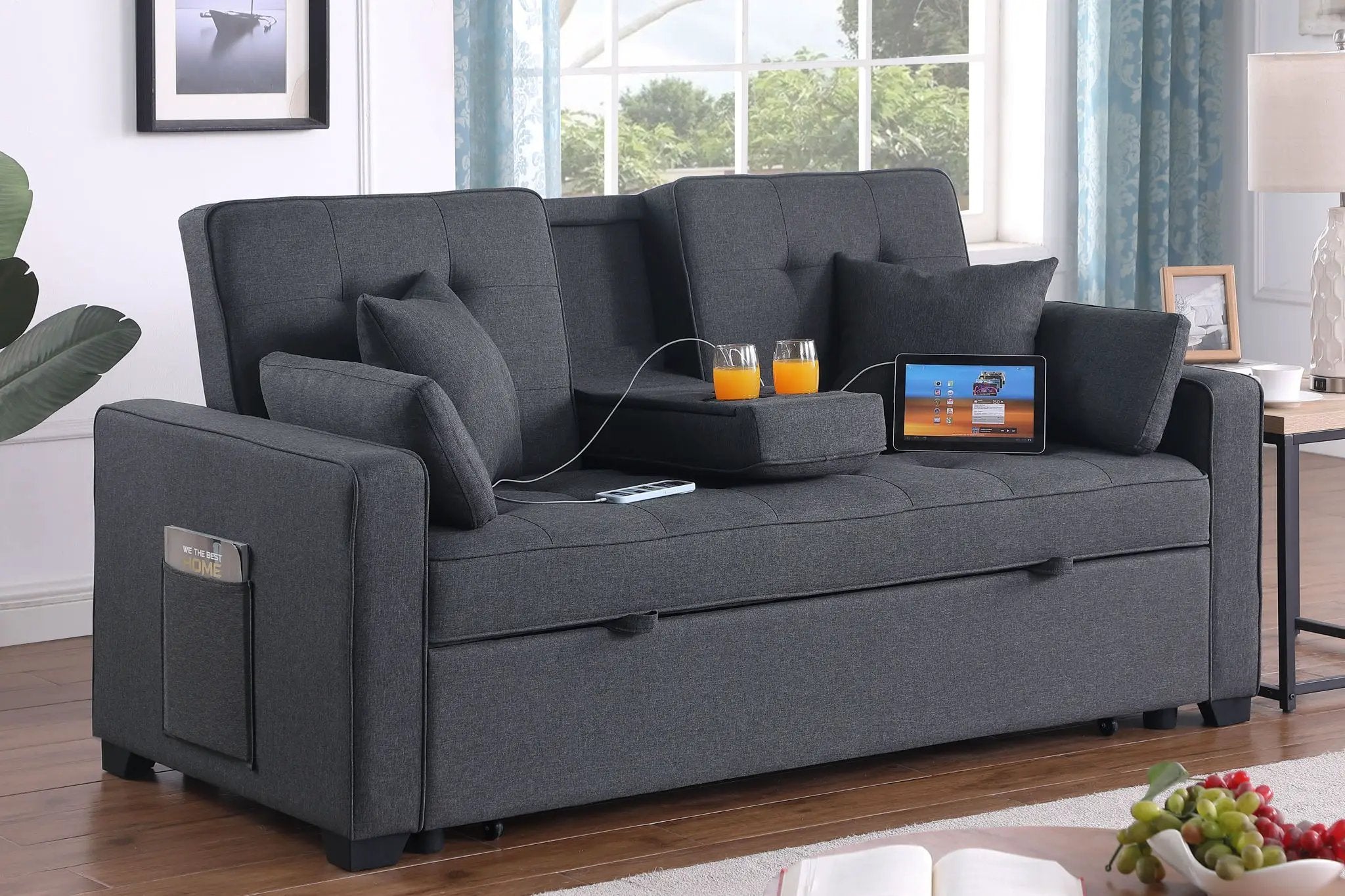 Cody II - Convertible Sleeper Loveseat With Cup Holder, Charging Ports and Pocket - Dark Gray by HouseOfZazla