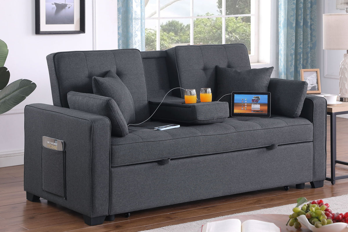 Convertible Sleeper Loveseat with Cup Holder & Charging Ports - Dark Gray, photo 8 of 14