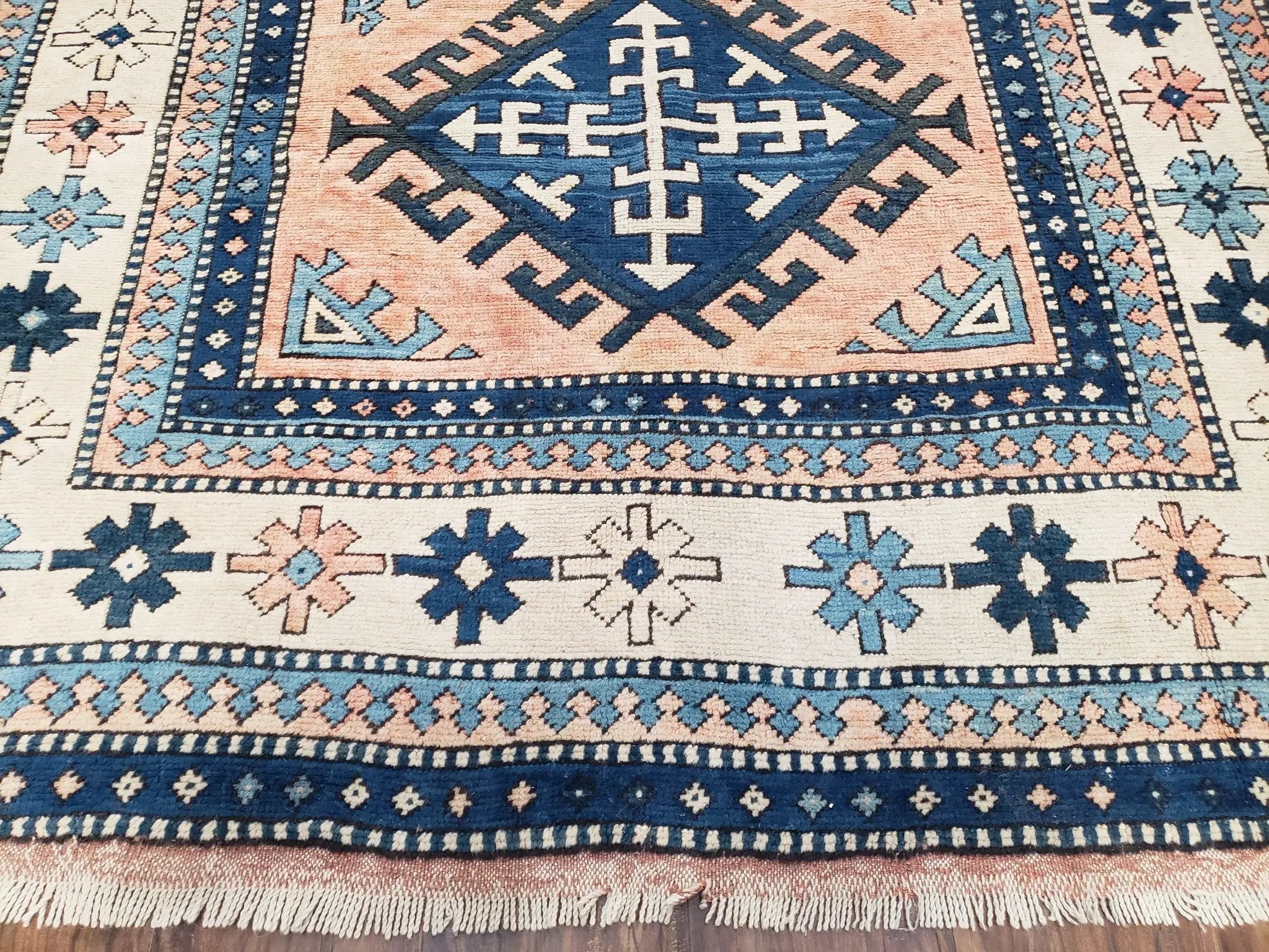 Turkish Kazak Rug 5x8 ft, Bold Geometric Bohemian Carpet, Blue and Ivory Hand Knotted Area Rug, Medium Sized High Quality Wool Oriental Rug by Jewel Rugs