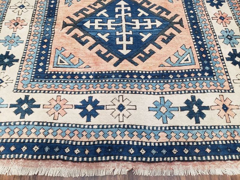 Turkish Kazak Rug 5x8 ft, Bold Geometric Bohemian Carpet, Blue and Ivory Hand Knotted Area Rug, Medium Sized High Quality Wool Oriental Rug by Jewel Rugs
