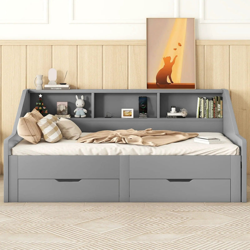 Daybed Frame With Storage Bookcases, 2 Drawers, Charging Station by Unique Piece Furniture
