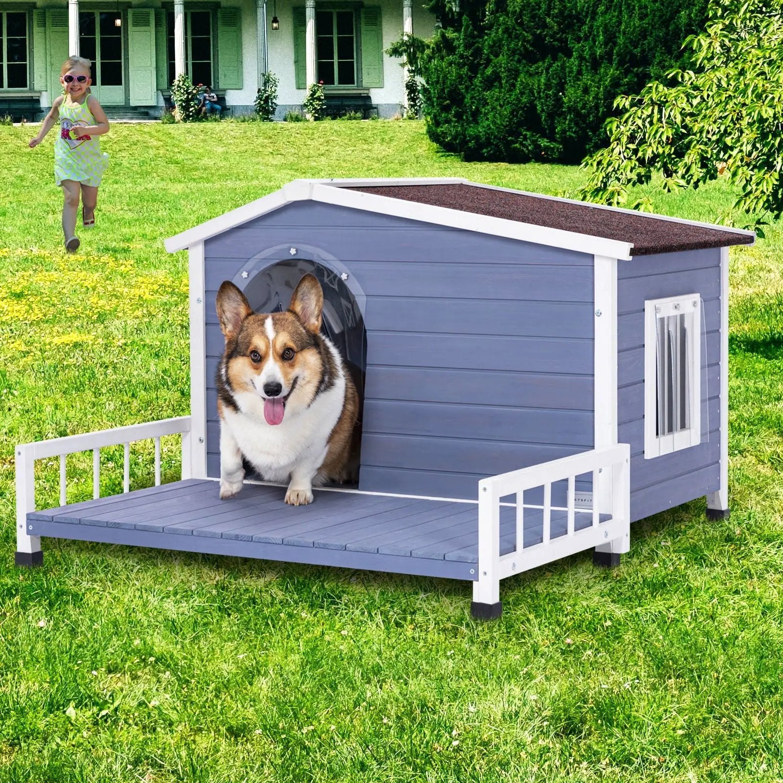 Large Wooden Dog House Indoor Outdoor With Terrace And Open Waterproof Asphalt Roof, Outdoor Dog House With Raised Floor, Windows And Door Curtains, Suitable For Small And Medium Dogs - Gray by HouseOfZazla