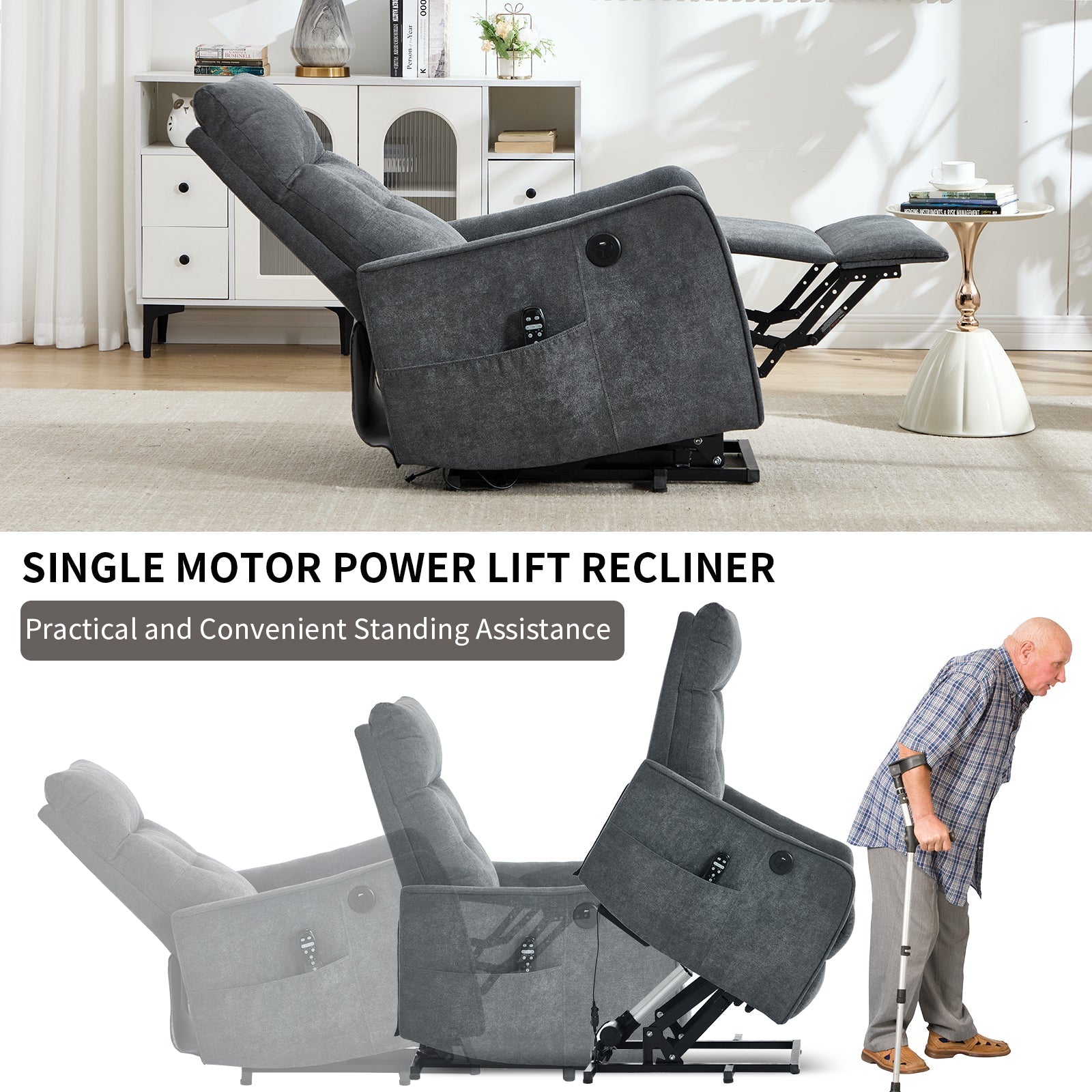 Grey Chenille Single Motor Power Lift Recliner Chair by HouseOfZazla