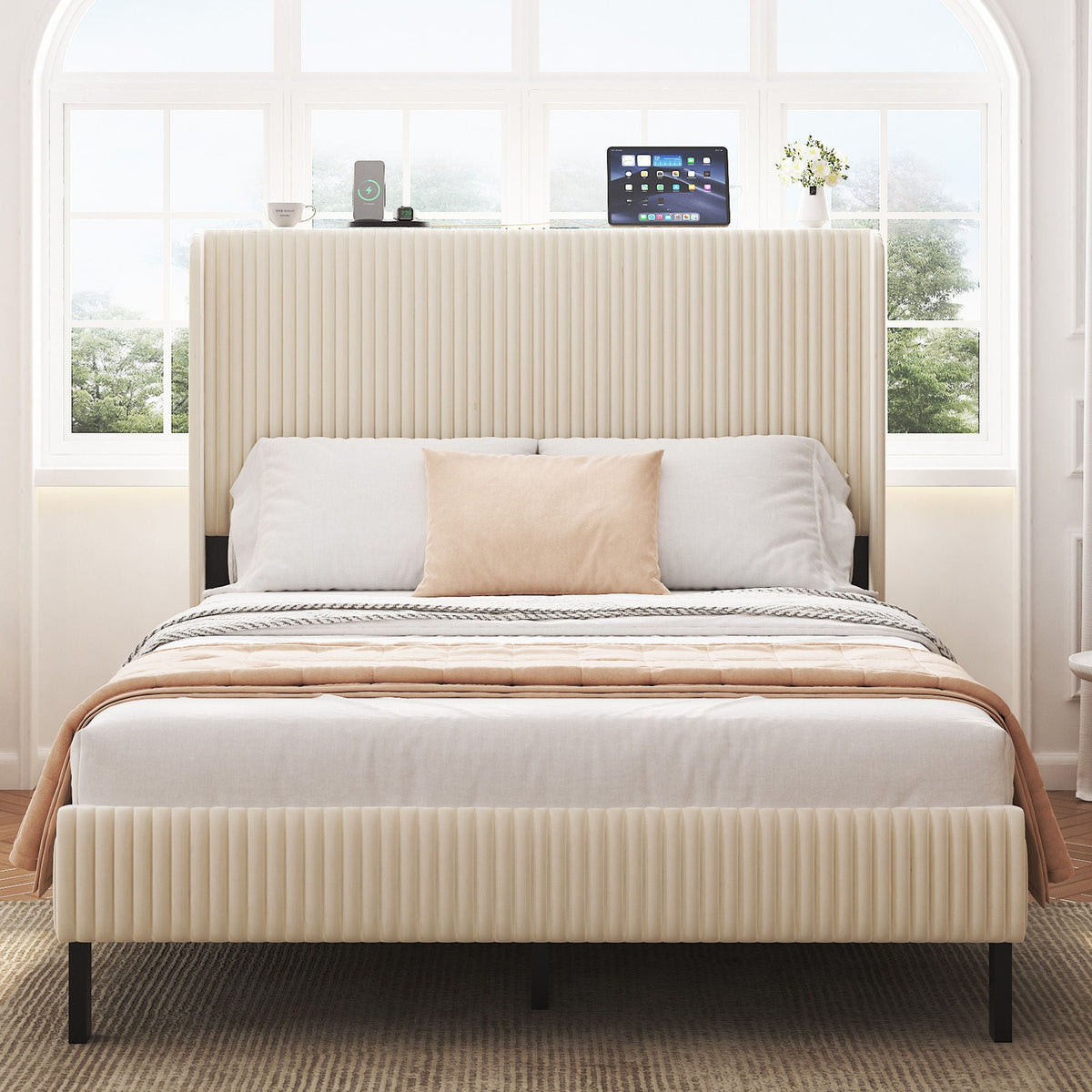 Beige Platform Bed with Metal Frame and USB Charging Station, photo 2 of 4