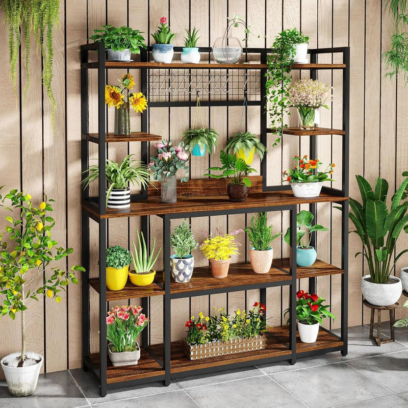 Baker's Rack With Hutch, 5 Tier Kitchen Storage Shelf, Freestanding Utility Pantry Organizer With Hooks And Microwave Stand - Black by HouseOfZazla