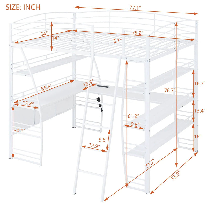 Loft Bed With 4 Layers Of Shelves And L-Shaped Desk, Stylish Metal Frame Bed With A Set Of Sockets, USB Ports And And Wireless Charging by HouseOfZazla