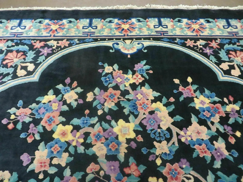 Black Chinese Wool Rug 8x10, Art Deco Floral Carpet, Soft Plush Pile by Jewel Rugs