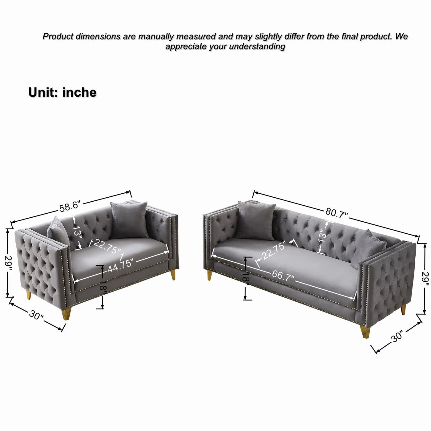 Deep Seat Sofa With Button Nailhead, Square Arm Couches by HouseOfZazla