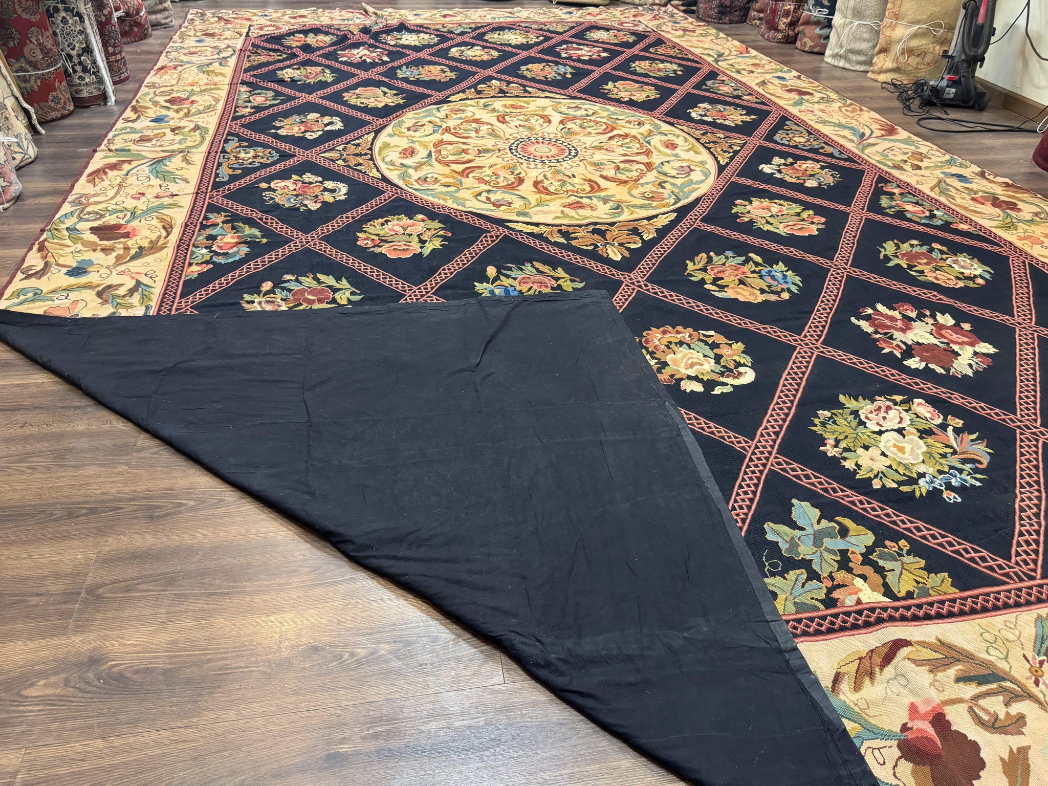 Palace Size Needlepoint Rug 12x20, European French English Aubusson Floral Design, Black and Beige by Jewel Rugs