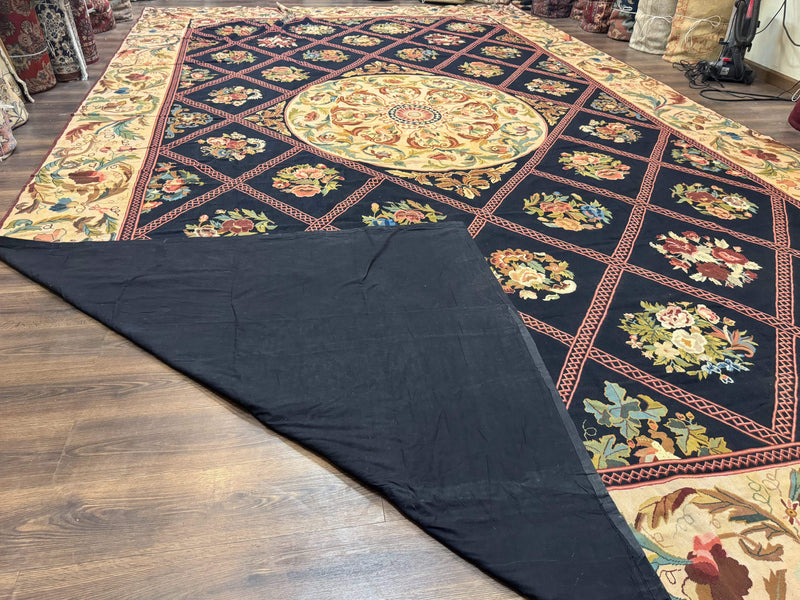 Palace Size Needlepoint Rug 12x20, European French English Aubusson Floral Design, Black and Beige by Jewel Rugs