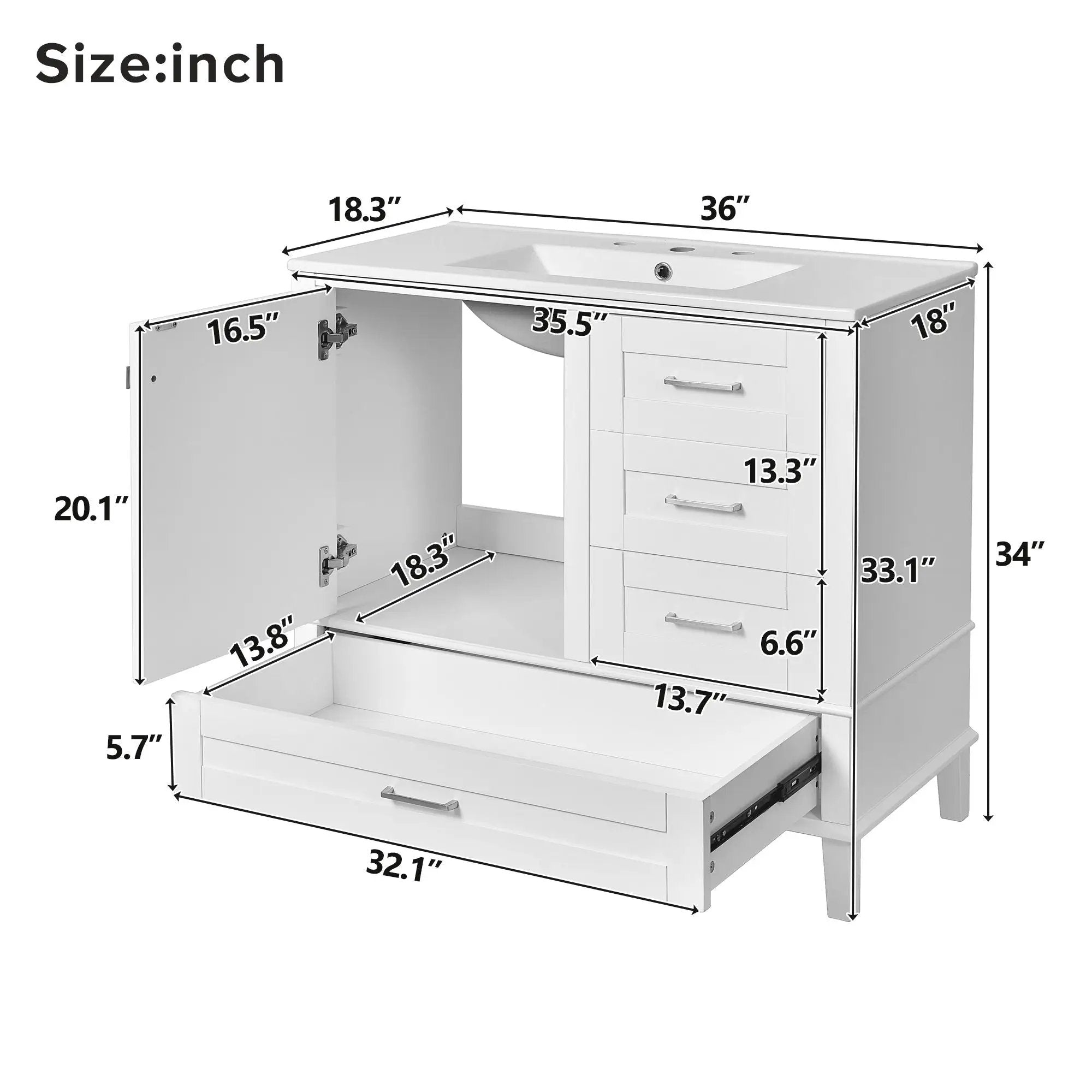 Bathroom Vanity, Modern Bathroom Cabinet With Sink Combo Set, Bathroom Storage Cabinet With A Soft Closing Door And 3 Drawers, Solid Wood Frame by Unique Piece Furniture