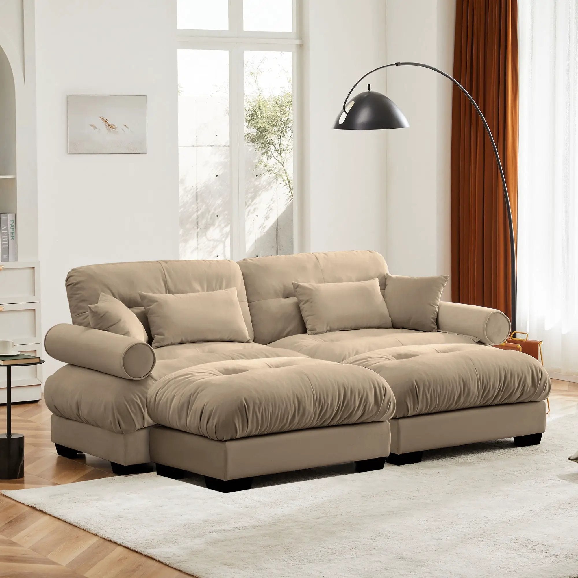 Modern Sectional Sofa With Ottoman, Round Bolster Armrests, Waist And Throw Pillows by HouseOfZazla