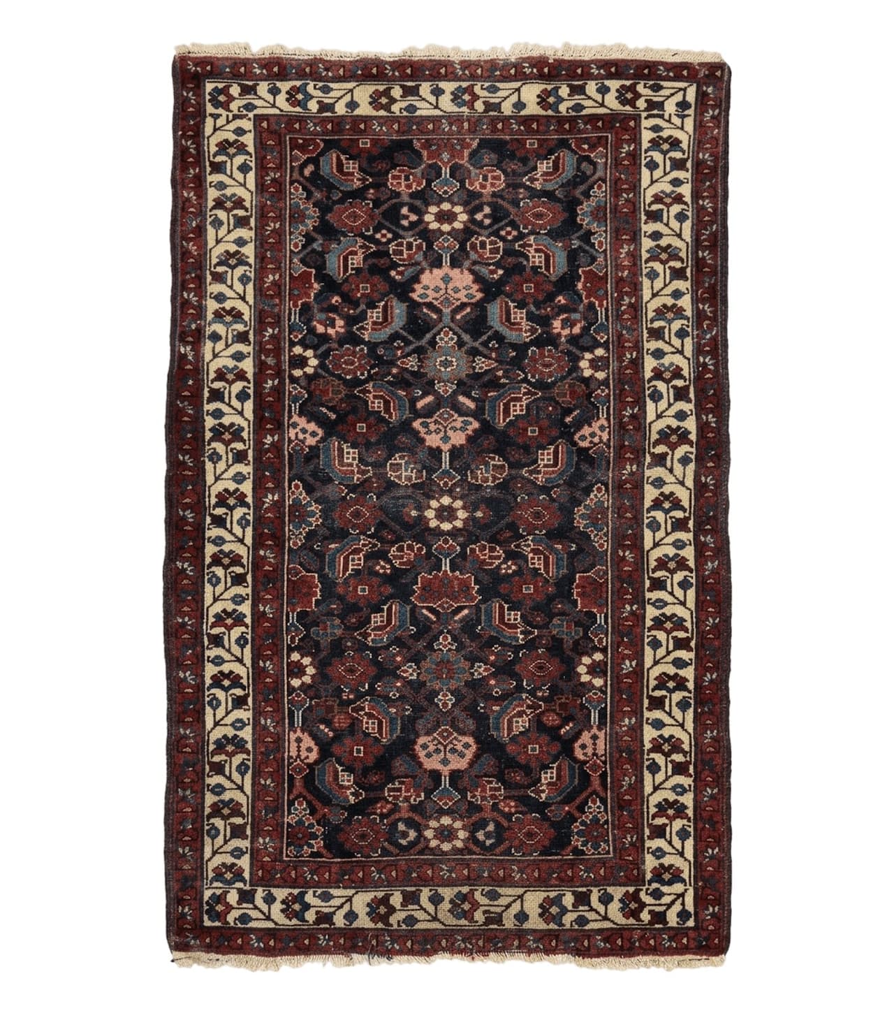 Navy Blue Antique Persian Rug 3x6, Blue and Ivory Persian Carpet, Handmade 1920s Hamadan Rug by Jewel Rugs