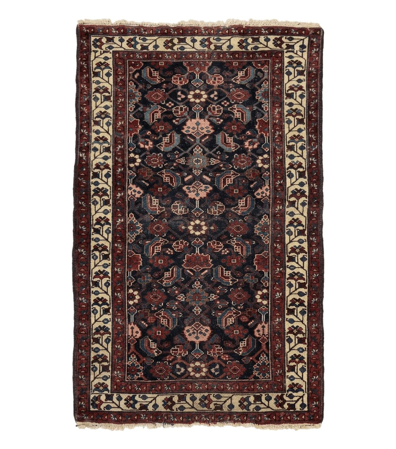 Navy Blue Antique Persian Rug 3x6, Blue and Ivory Persian Carpet, Handmade 1920s Hamadan Rug by Jewel Rugs
