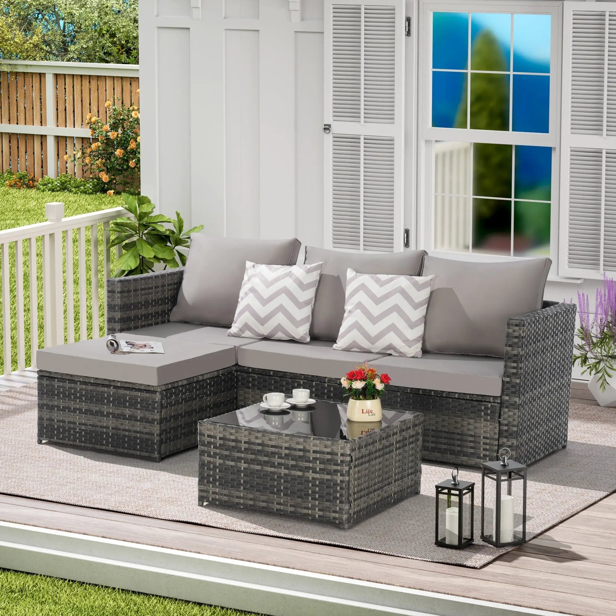 2 Pieces Patio Furniture Set with Woven Sectional and Ottoman by HouseOfZazla