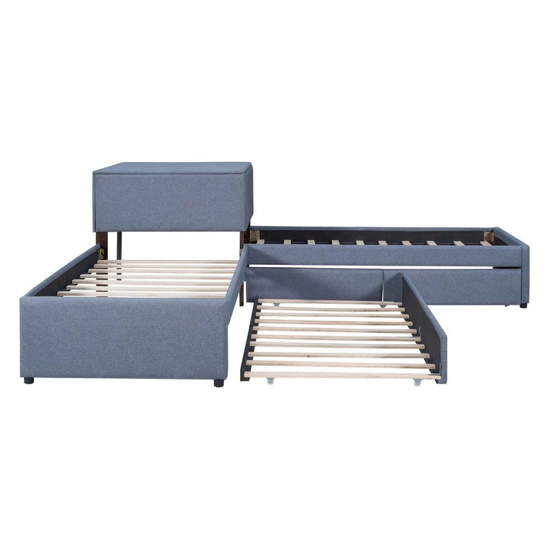 L Shaped Upholstered Platform Bed With Trundle And 2 Drawers Linked With Built In Desk by HouseOfZazla
