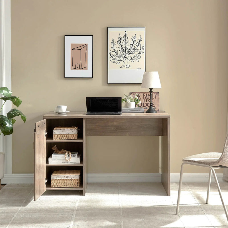 Home Office Desk Hazelnut One Cabinet Three Shelves Faux Barn Door On Metal Euro Hinges Modesty Panel - Light Brown by HouseOfZazla