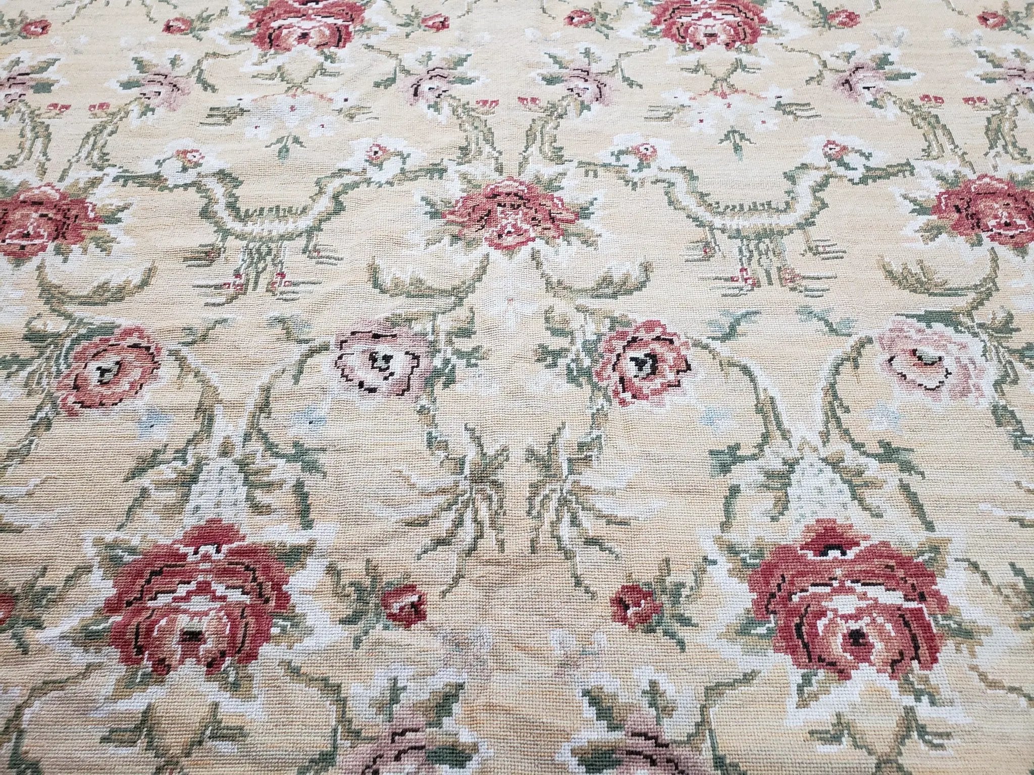 Needlepoint Rug 10x14 Wool Flatweave Carpet, English Floral Pattern, Pale Yellow, Roses, Allover Pattern, Handmade Large Needlepoint Nice by Jewel Rugs
