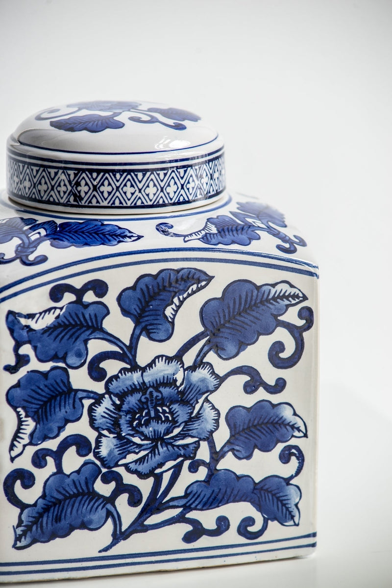 5x5x8' Hand Painted Square Canister with Blue and White Floral Pattern by HouseOfZazla