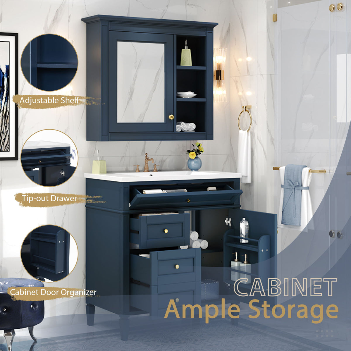 Bathroom Vanity With Medicine Cabinet, Royal Mirror Cabinet, Modern Bathroom Storage Cabinet With 2 Soft Closing Doors And 4 Drawers, photo 36 of 40
