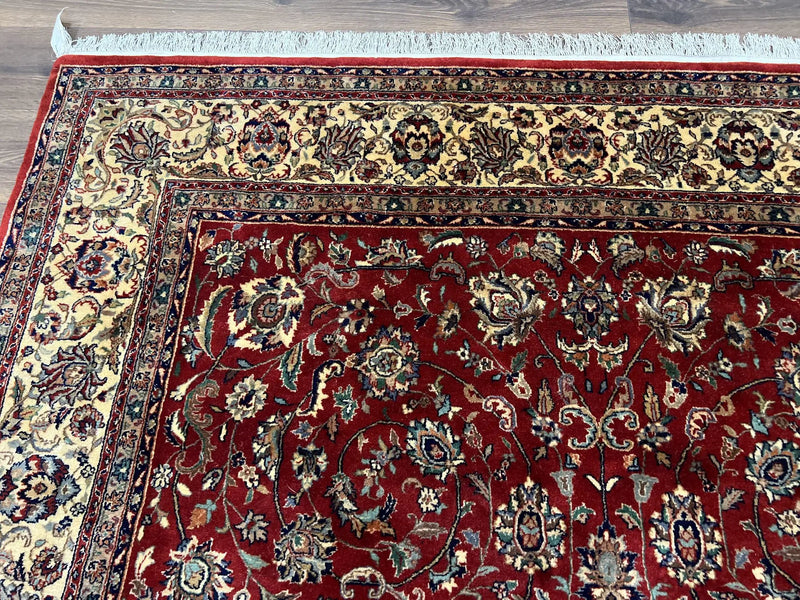 Vintage Indo Persian Rug 6x9, Very Finely Hand-Knotted Carpet 6 x 9 Red Cream Indian Oriental Carpet, Traditional Floral Wool Area Rug 1970s by Jewel Rugs