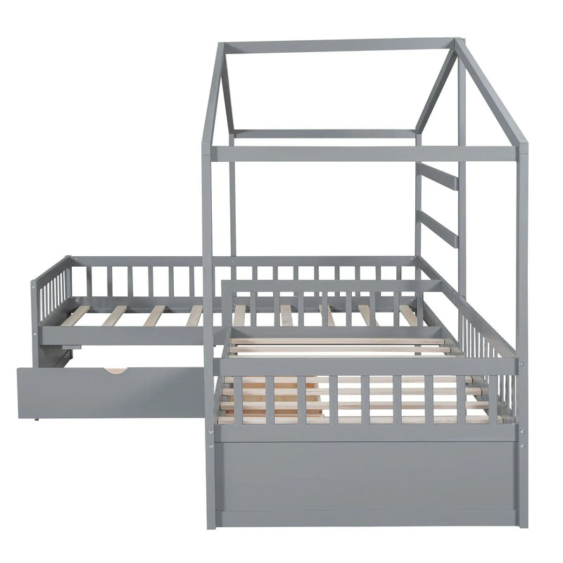 L Shape Platform Bed With 3 Storage Drawers