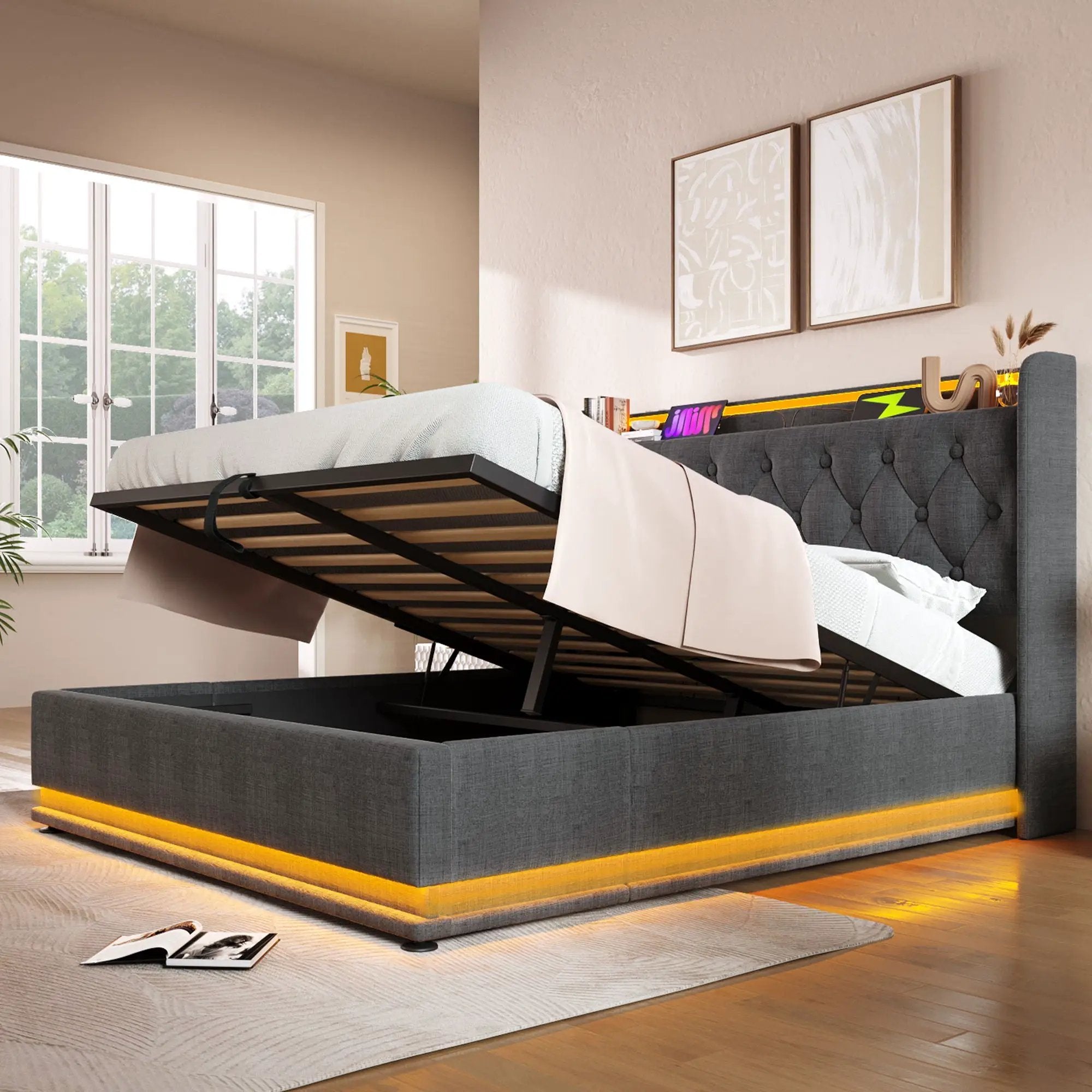 Upholstered Bed, 360 Surround LED Function, Remote Control, Hydraulic Storage Bed With USB, Type-C Charging (Without Mattress) by HouseOfZazla