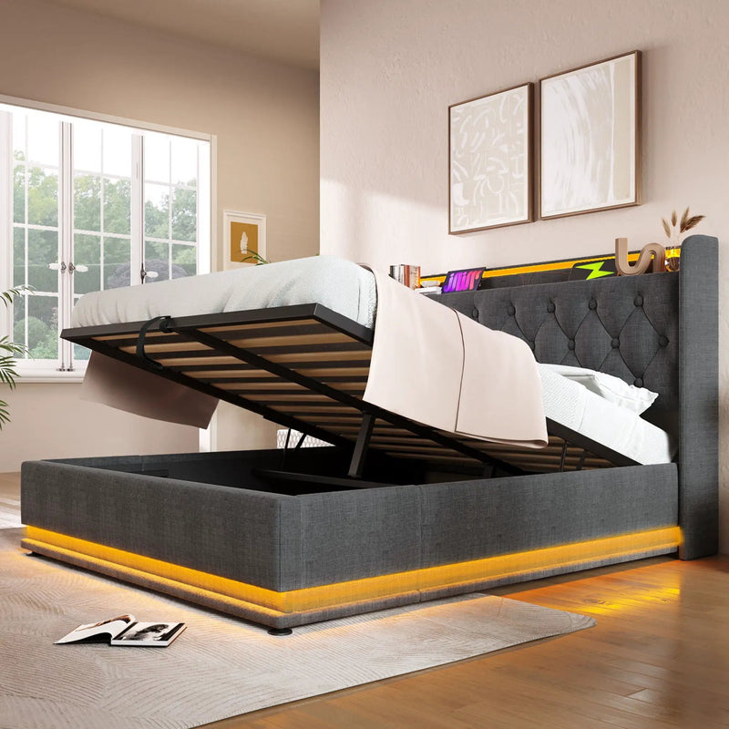 Upholstered Bed, 360 Surround LED Function, Remote Control, Hydraulic Storage Bed With USB, Type-C Charging (Without Mattress) by HouseOfZazla