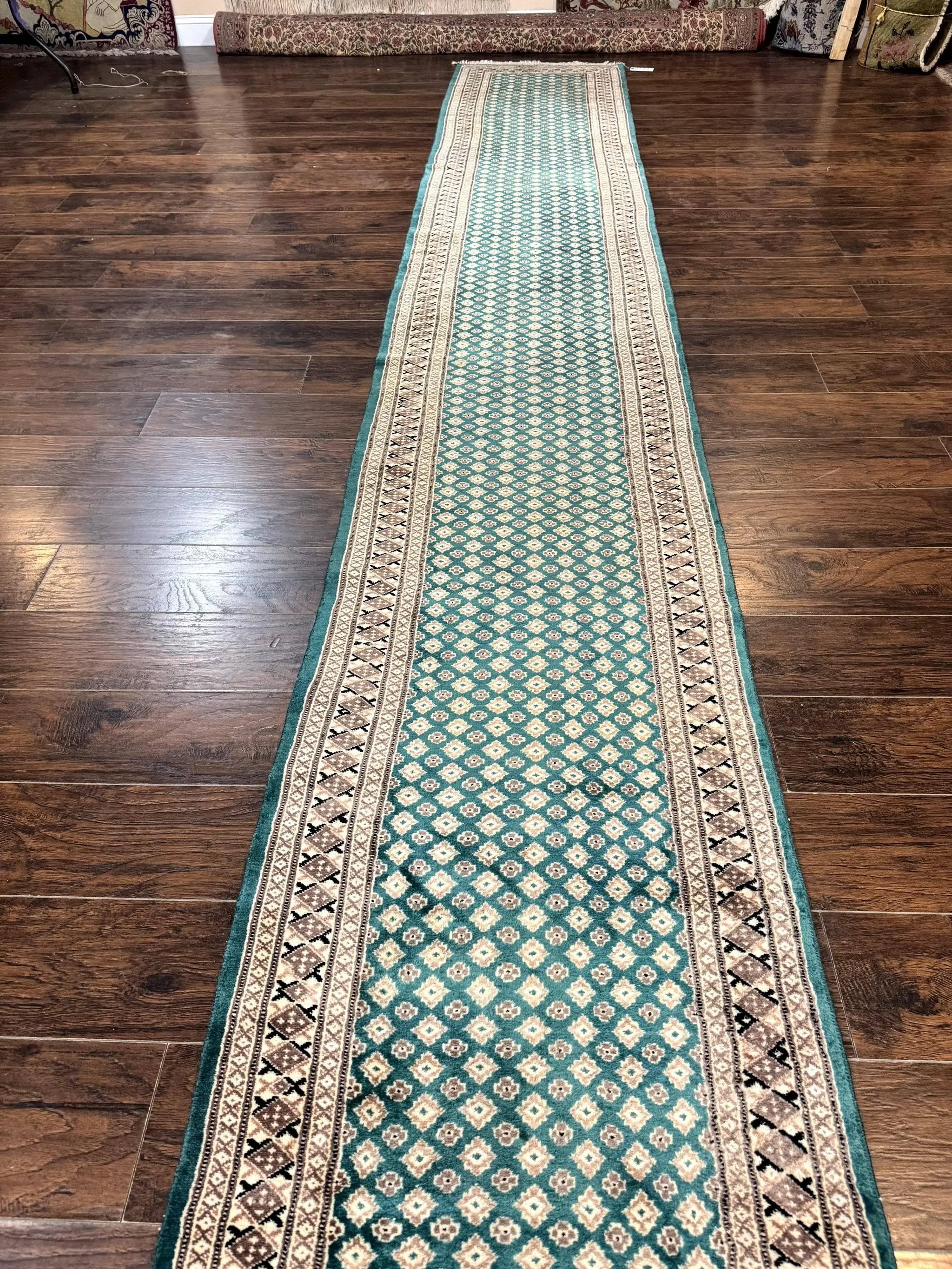 Long Pakistani Runner Rug 2.8 x 20, Hand Knotted Vintage Wool Hallway Rug, Turkoman Rug, Teal and Tan, Handmade Vintage Wool Runner by Jewel Rugs