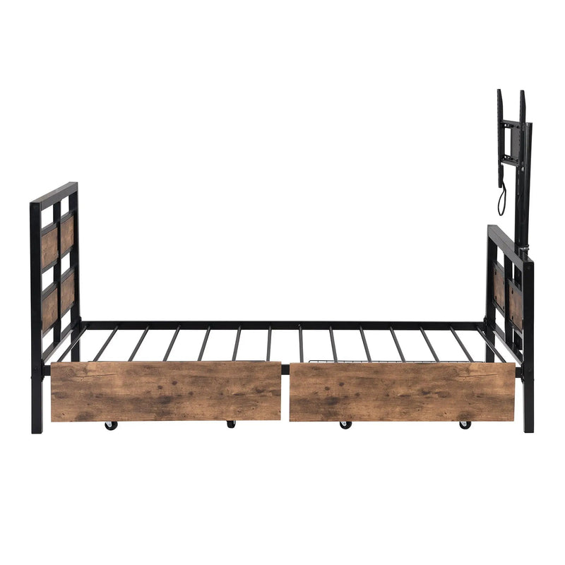 Twin Size Platform Bed With Headboard And Footboard, 2 Storage Drawers And Rotatable TV Stand - Black by HouseOfZazla
