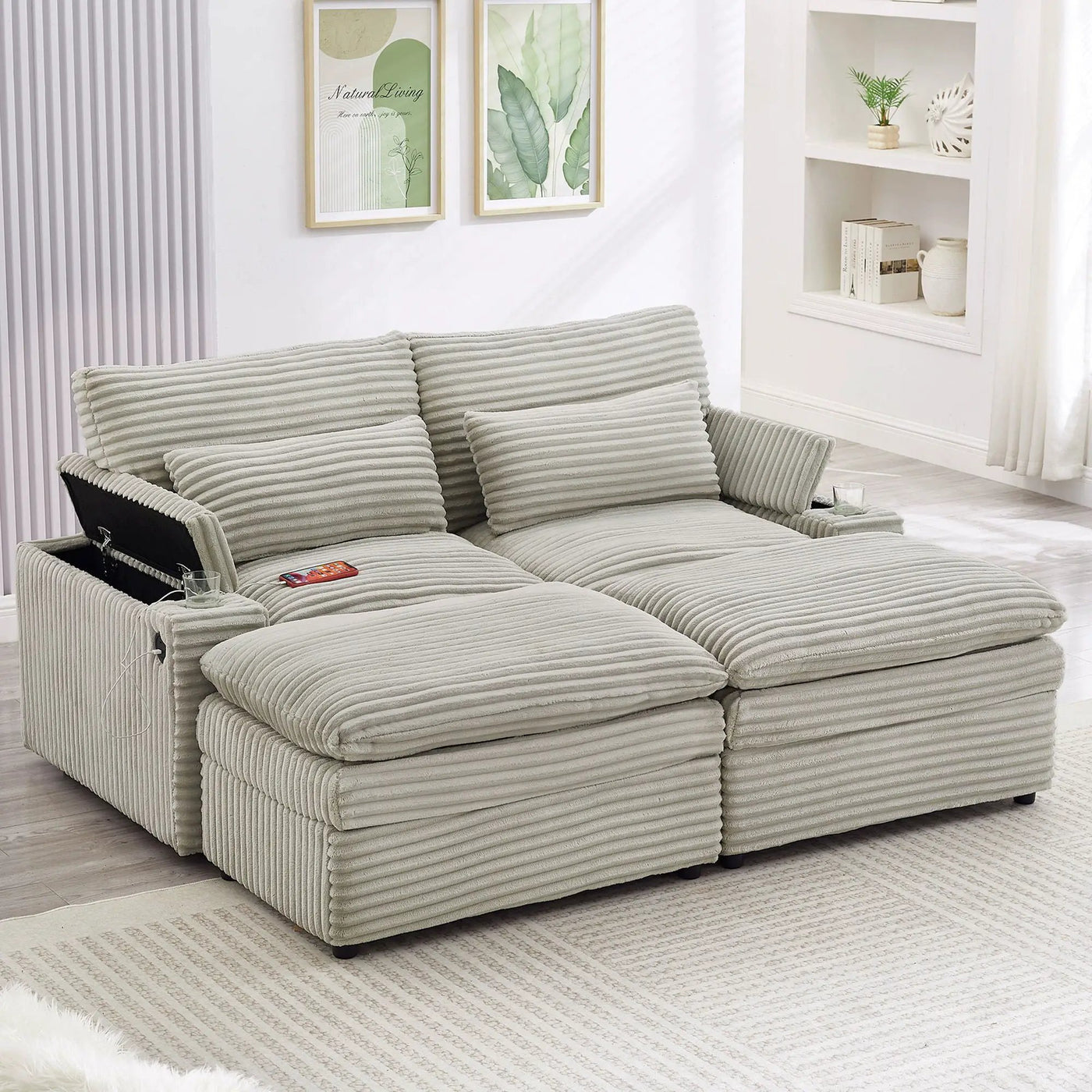 Convertible Loveseat Sofa With Storage, USB Ports, Cup Holders by Unique Piece Furniture