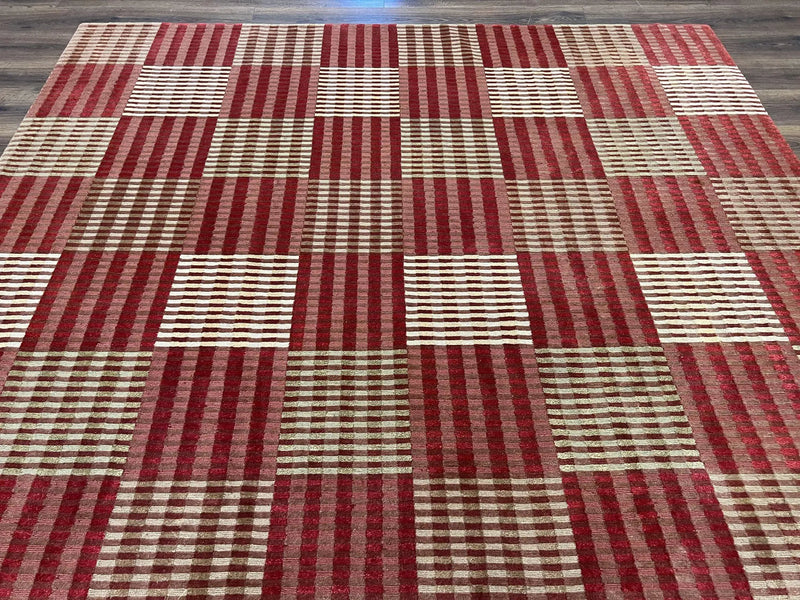 Modern Tibetan Rug 8x10, Hand Knotted Contemporary Nepali Carpet 8 x 10, Checkerboard Design, Red Cream Light Brown, Very Fine Wool & Silk by Jewel Rugs