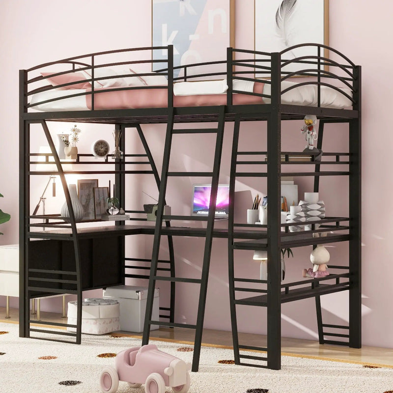 Loft Bed With 4 Layers Of Shelves And L-Shaped Desk, Stylish Metal Frame Bed With A Set Of Sockets, USB Ports And And Wireless Charging by Unique Piece Furniture