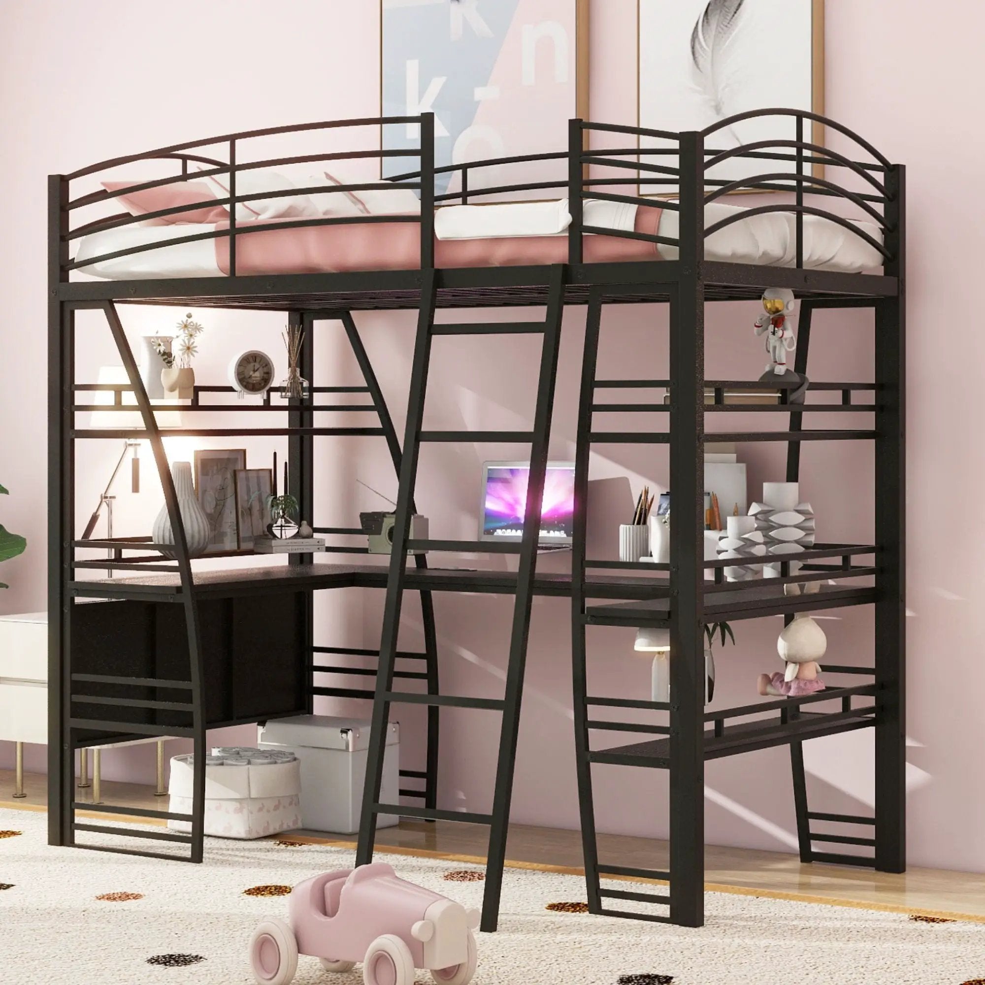 Loft Bed With 4 Layers Of Shelves And L-Shaped Desk, Stylish Metal Frame Bed With A Set Of Sockets, USB Ports And And Wireless Charging by HouseOfZazla