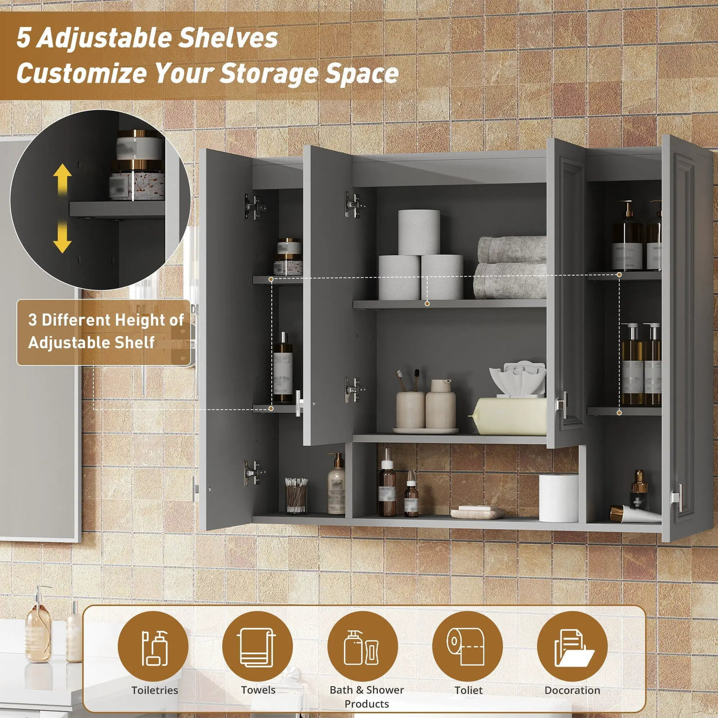 Wall Mounted Bathroom Cabinet With 5 Adjustable Shelves by HouseOfZazla