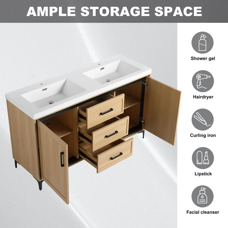 Original 60" Freestanding Bathroom Vanity With Double Resin Sink Plywood Soft Closing Doors & Drawers - Oak by Unique Piece Furniture