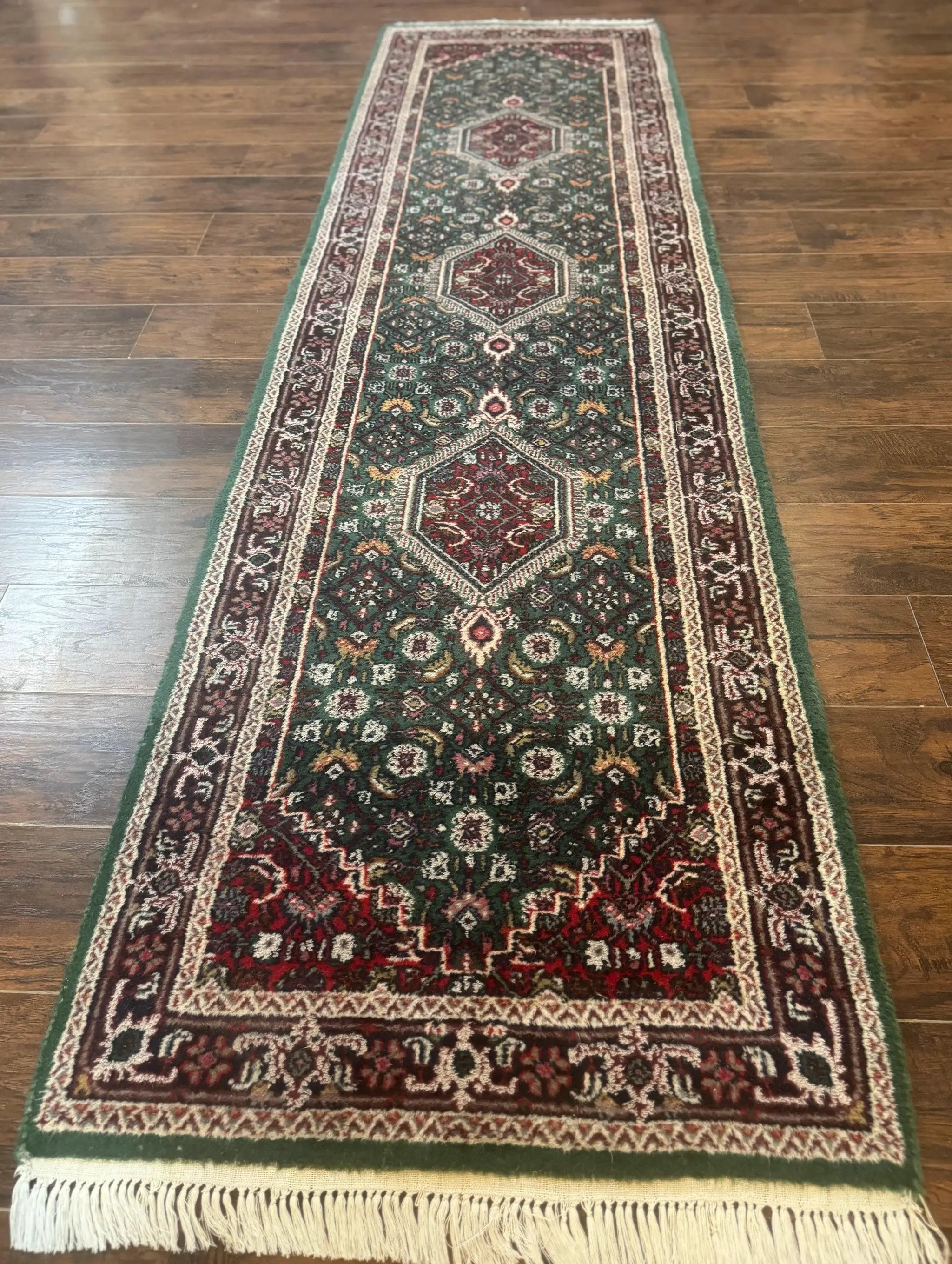 Green Indo Persian Bidjar Runner Rug 3x10, Green and Red by Jewel Rugs