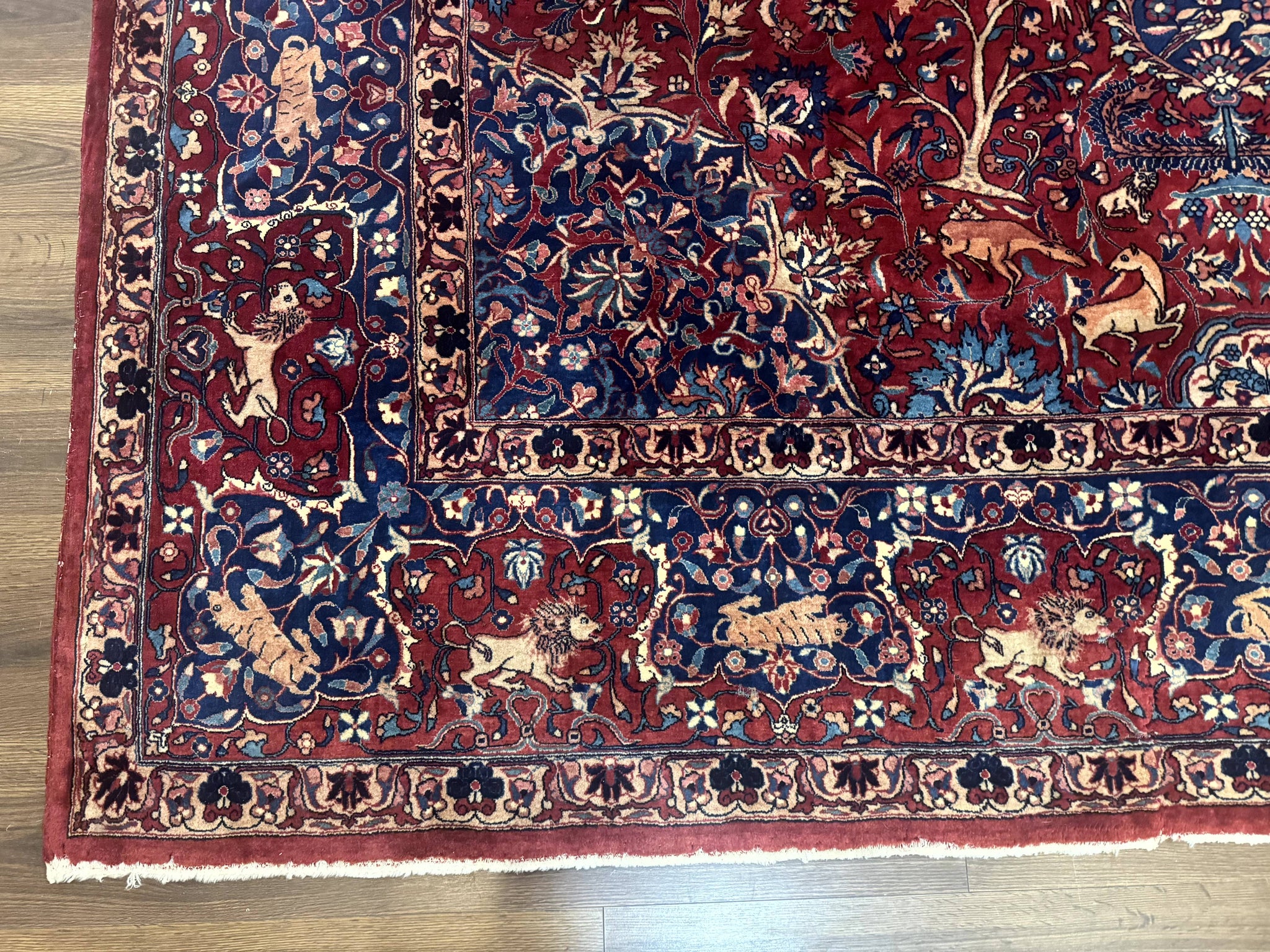 Antique Indo Persian Kerman Rug 9x12 Red Manchester Wool Animal Pictorials, Fine 290 KPSI by Jewel Rugs
