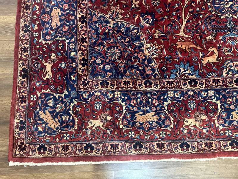 Antique Indo Persian Kerman Rug 9x12 Red Manchester Wool Animal Pictorials, Fine 290 KPSI by Jewel Rugs