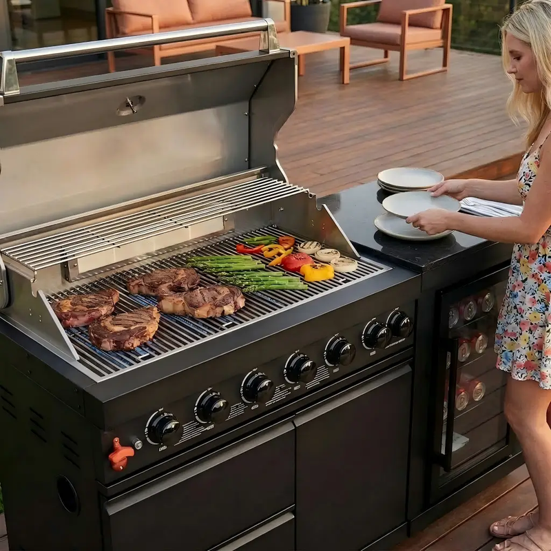 63" 6-Burner Black Outdoor Kitchen Island Grill + Fridge by Chery Industrial