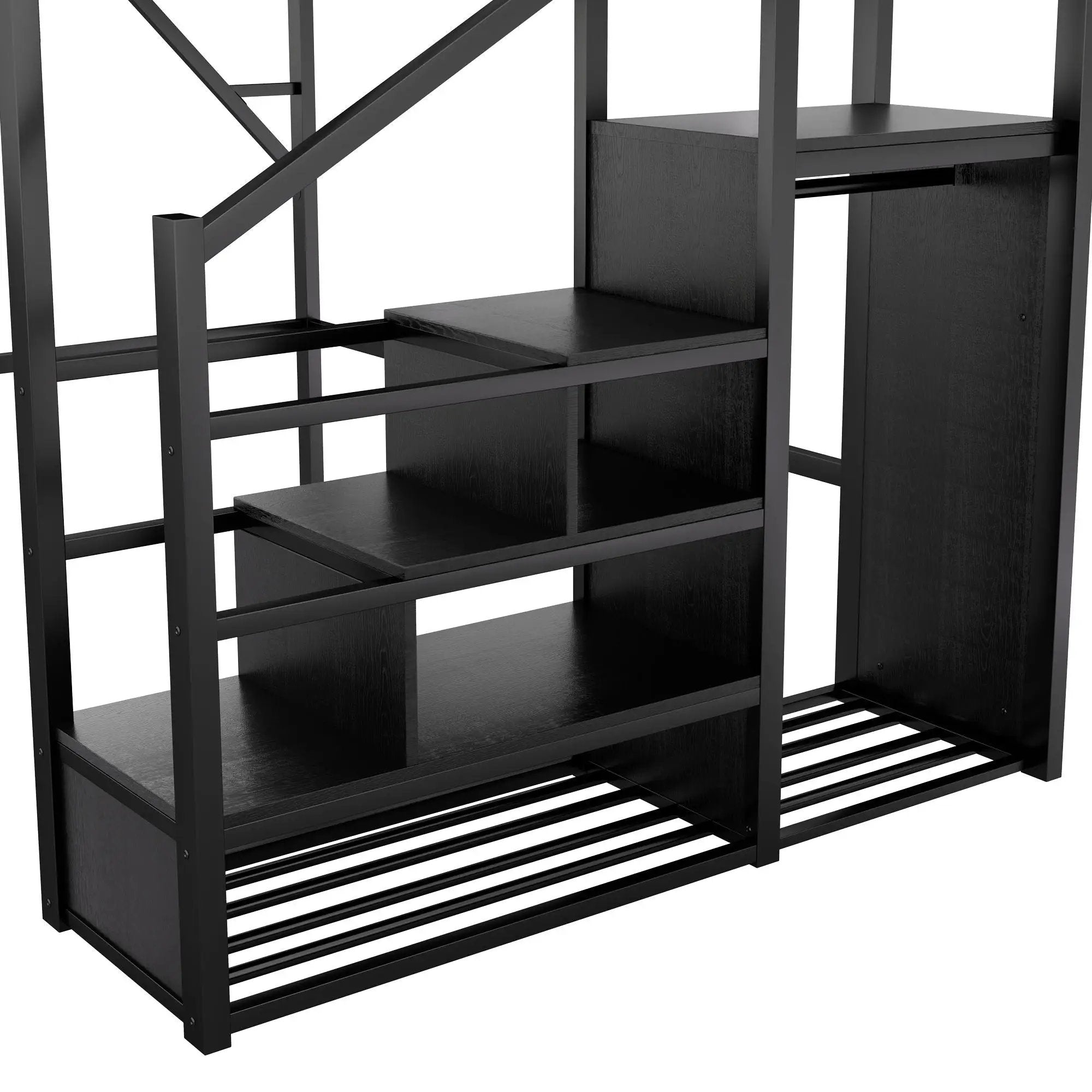 Queen Size Loft Bed With Stairs, Storage Shelves, Wardrobe - Black by HouseOfZazla