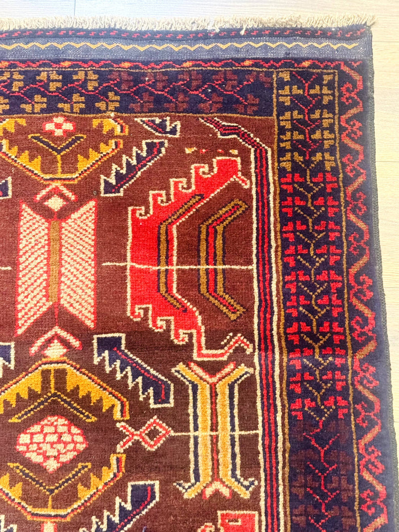 Afghan Rug 3x7, Maroon and Navy Blue, Balouch Carpet, Tribal Rug, New by Jewel Rugs