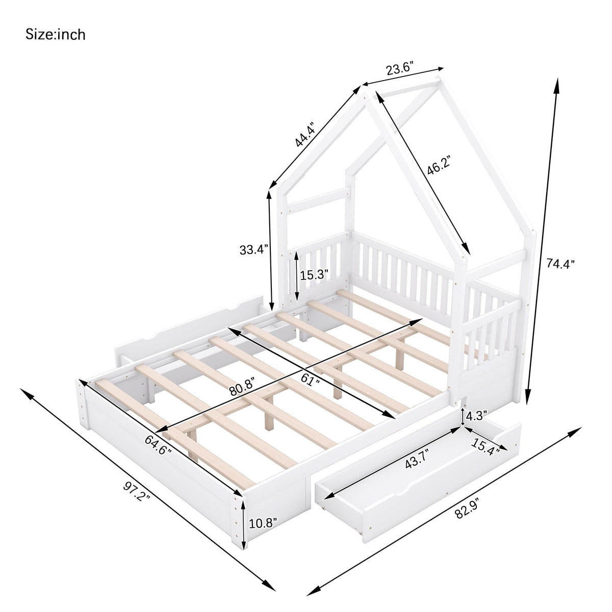 Queen Storage Platform Bed with Guardrail and 2 Drawers - White or Light Brown, photo 19 of 23