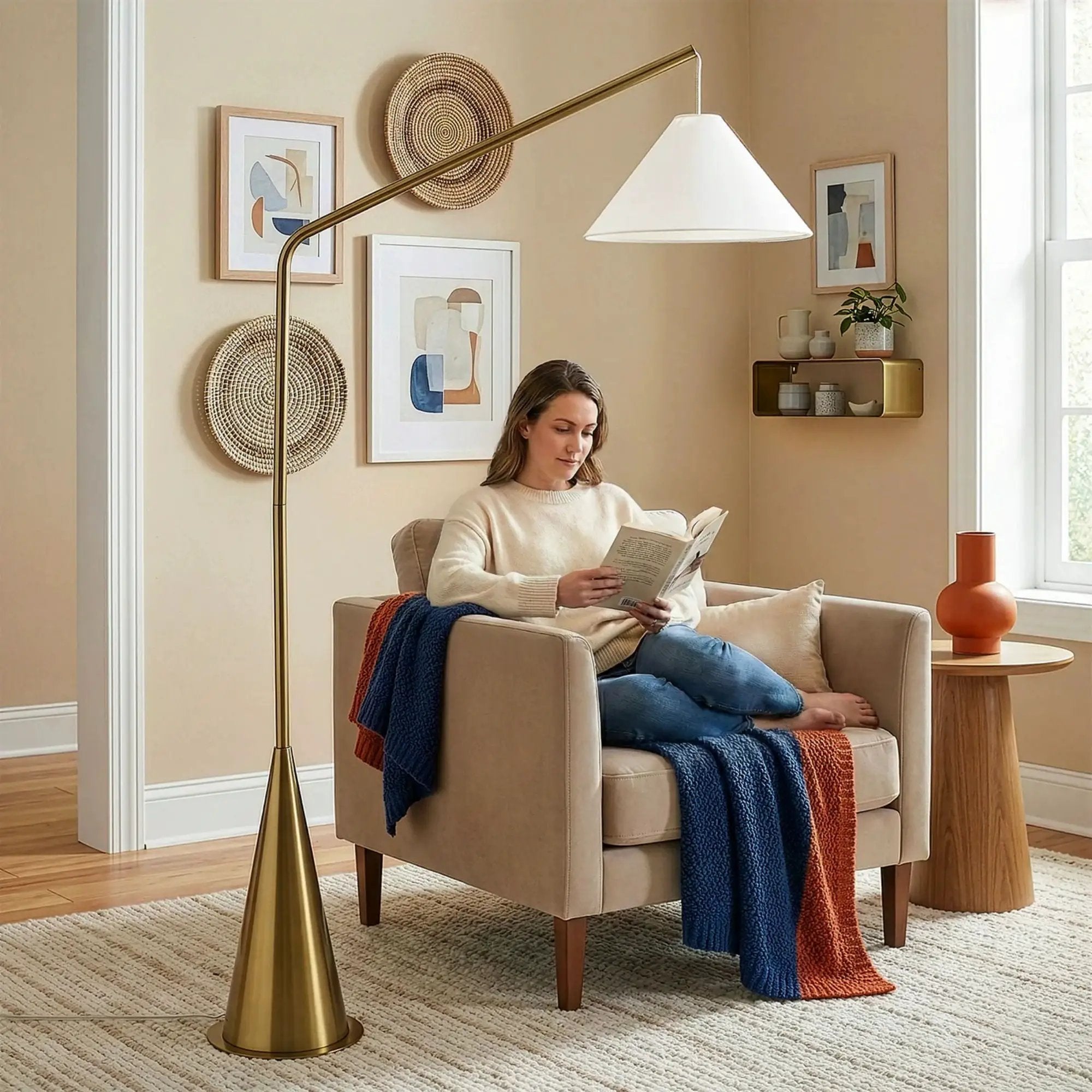 Lisbon - Floor Lamp With On / Off Switch Coned Base Hanging Shade - Antique Brass / White by Unique Piece Furniture
