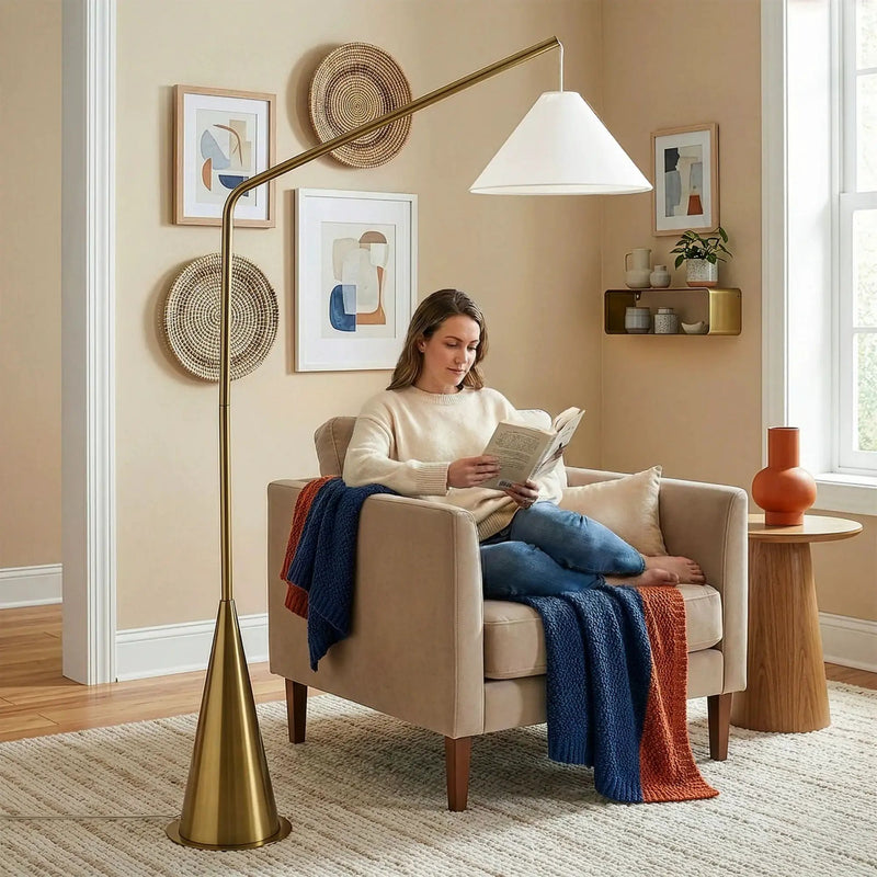 Lisbon - Floor Lamp With On / Off Switch Coned Base Hanging Shade - Antique Brass / White by HouseOfZazla